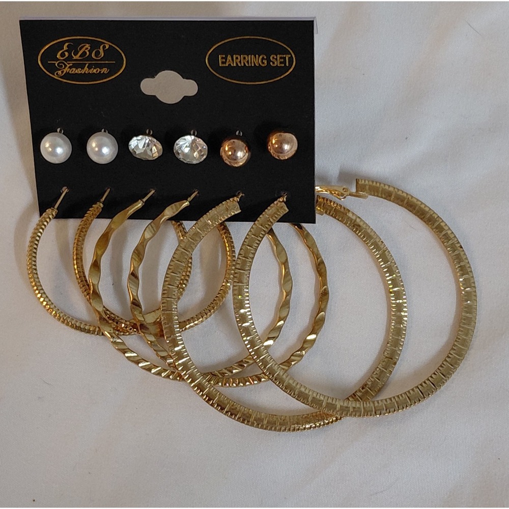 EBS Fashion 6 Pair Earring Set Gold Tone Hoop Pearl Rhinestone Stud Earrings